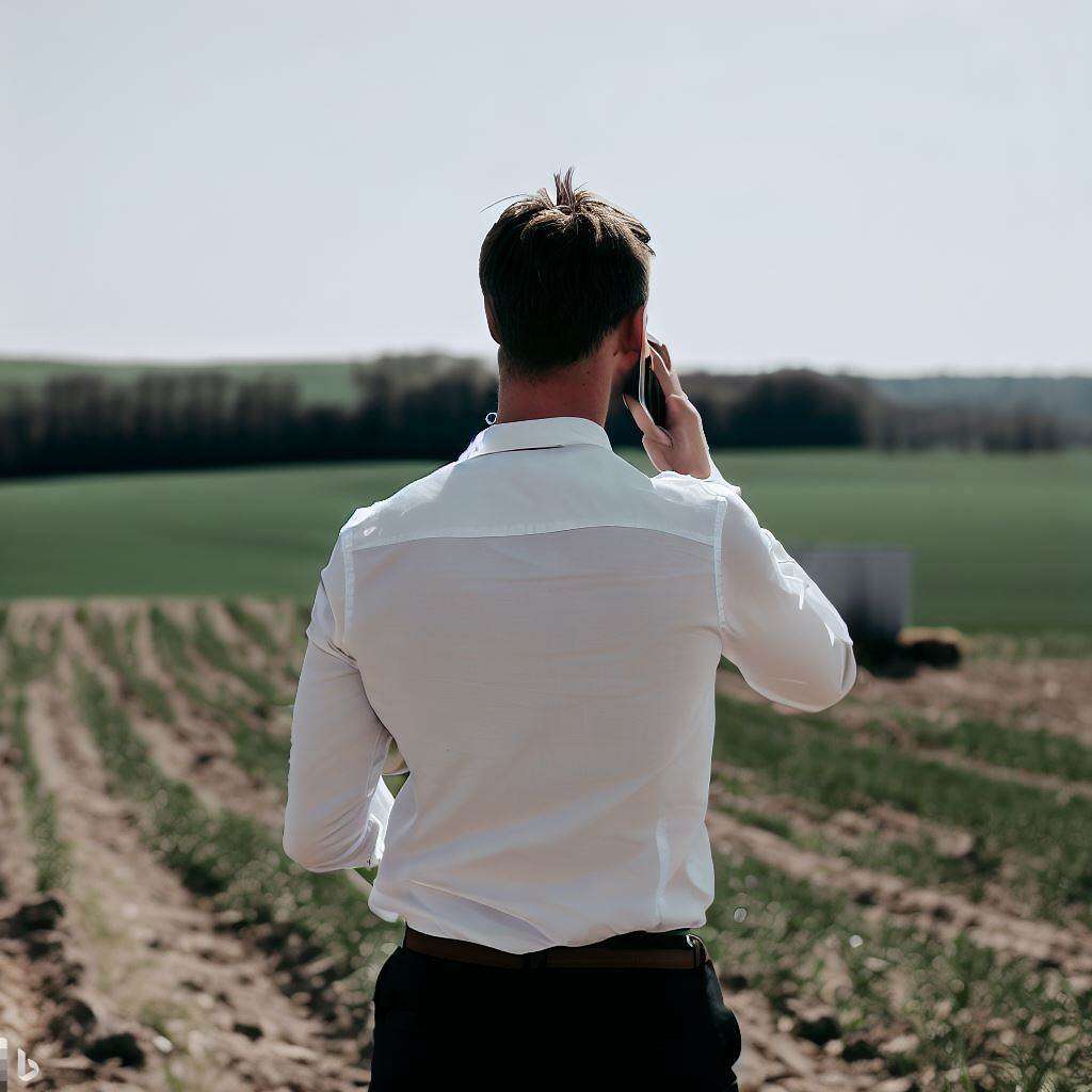Un chef d'entreprise wallon dans un champ téléphone avec sa ligne fixe professionnelle sur le réseau Belcenter Mobile avec la carte SIM connectée au Cloud Phone