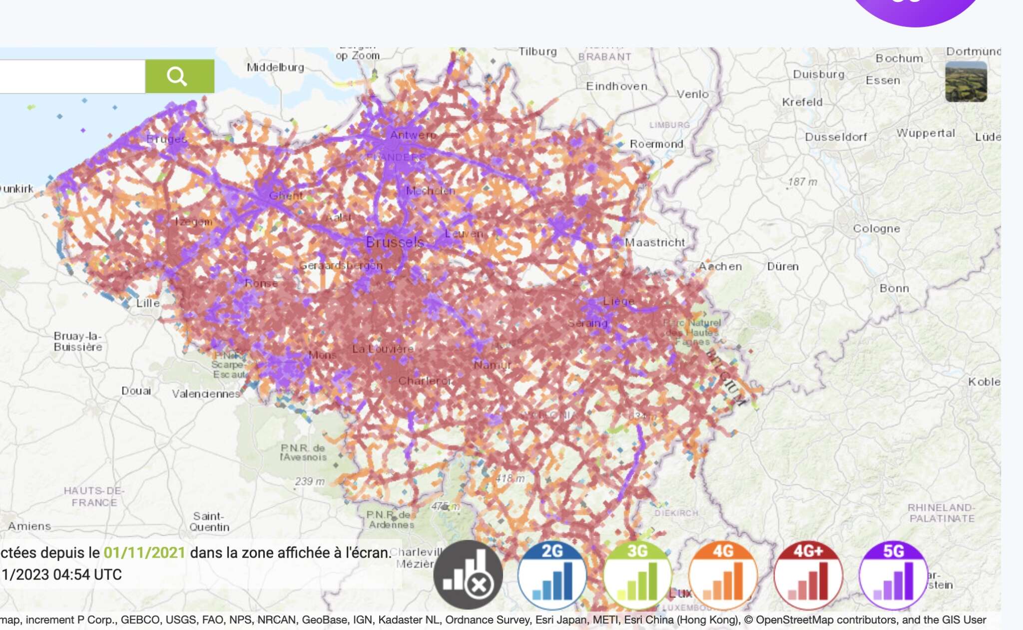 Couverture 5G Belcenter Mobile (novembre 2023) selon nPerf (organisme indépendant)