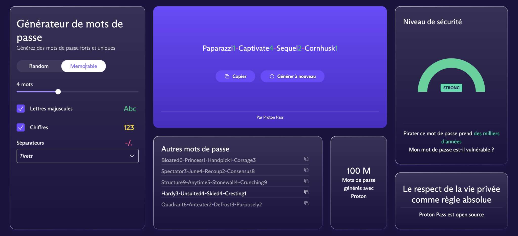 Capture d'écran du Générateur de mots de passe de Proton (Suisse)