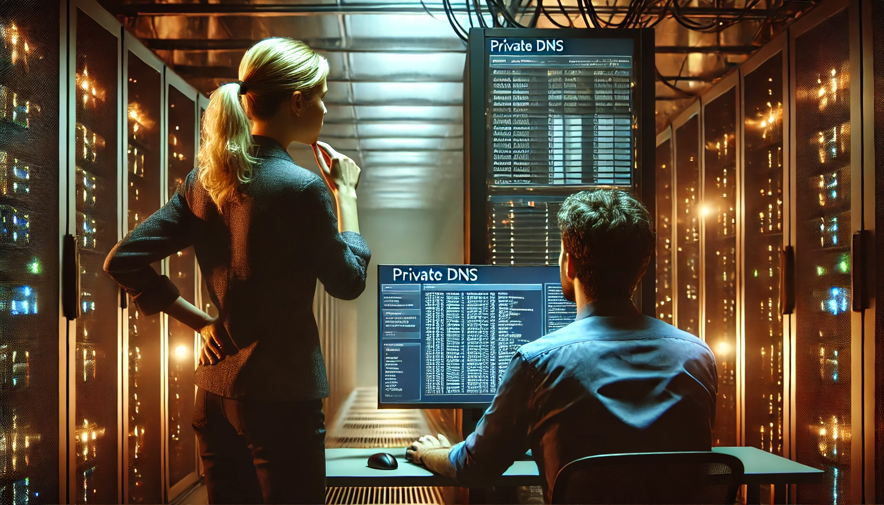 Une femme explique comment configurer des DNS privés à un homme assis dans un datacenter en Belgique